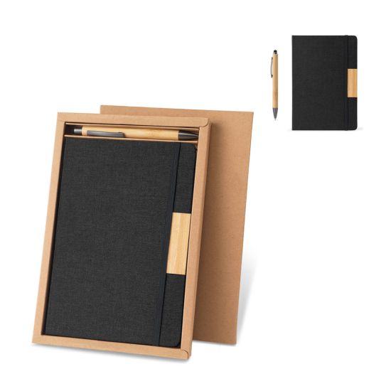 Conjunto caderno A5 com capa rígida e 1 caneta esferográfica em bambu