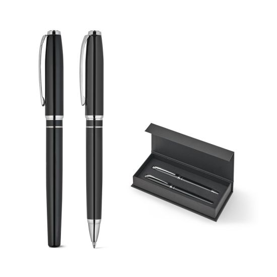 Set premium composto por 1 caneta esferográfica e 1 caneta roller em cobre e aço inox