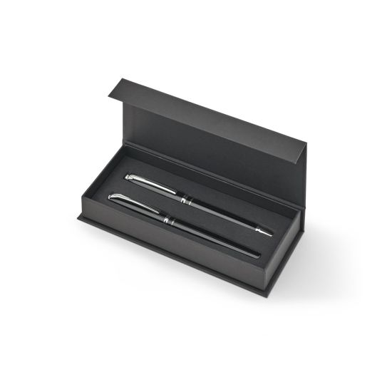 Set premium composto por 1 caneta esferográfica e 1 caneta roller em cobre e aço inox