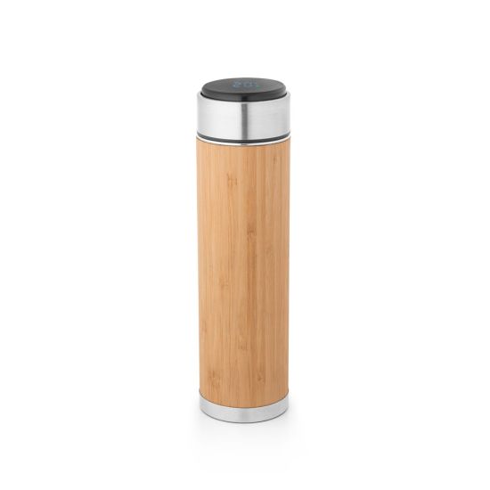 JOSHUA. Garrafa em aço inox e bambu de parede dupla térmica, isolada a vácuo com termómetro digital 430 mL