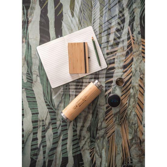 JOSHUA. Garrafa em aço inox e bambu de parede dupla térmica, isolada a vácuo com termómetro digital 430 mL