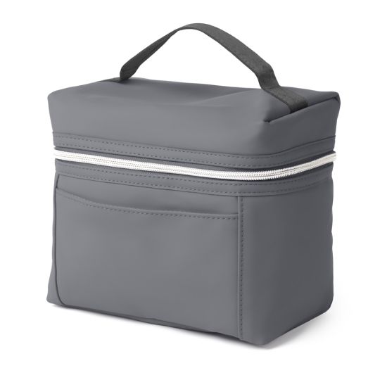 Bolsa térmica em PU, parte interna costurada, com alça de mão e bolso frontal.