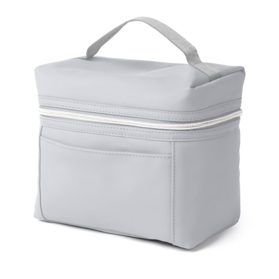 Bolsa térmica em PU, parte interna costurada, com alça de mão e bolso frontal.