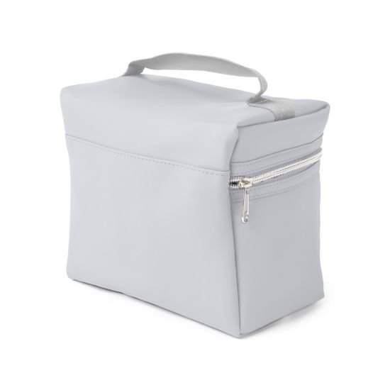 Bolsa térmica em PU, parte interna costurada, com alça de mão e bolso frontal.