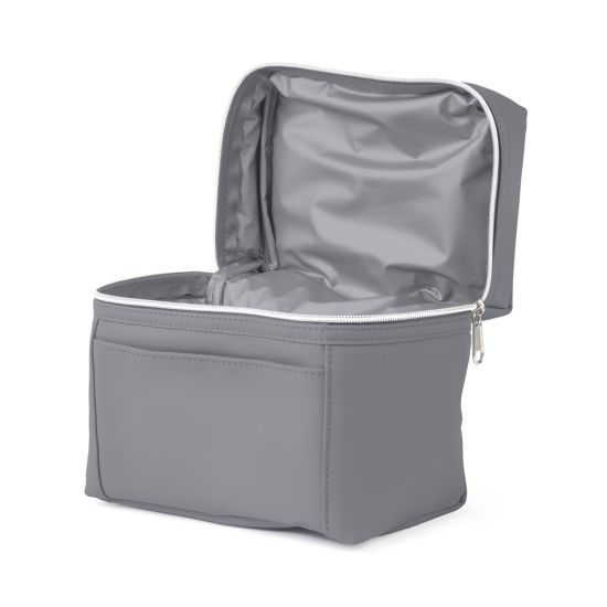 Bolsa térmica em PU, parte interna costurada, com alça de mão e bolso frontal.