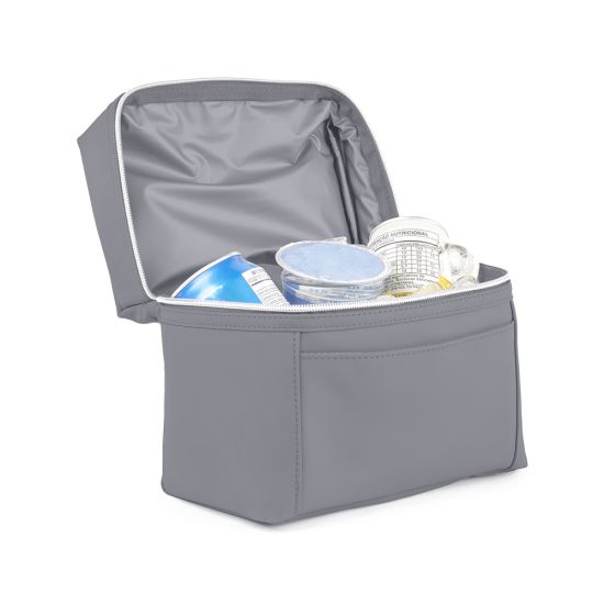 Bolsa térmica em PU, parte interna costurada, com alça de mão e bolso frontal.