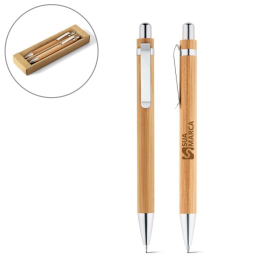 Conjunto em Bambu de Caneta Esferográfica e Lapiseira Mello