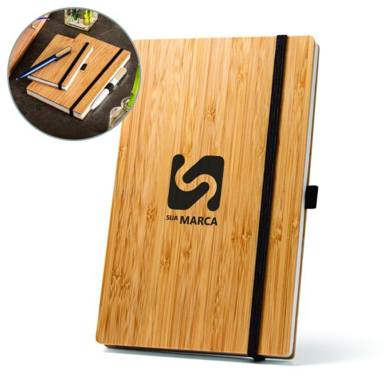 Caderno A5 de capa e contracapa em placa de bambu