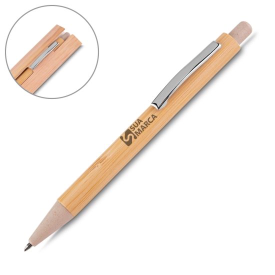 Caneta em Bambu com Detalhe em Metal e Plástico
