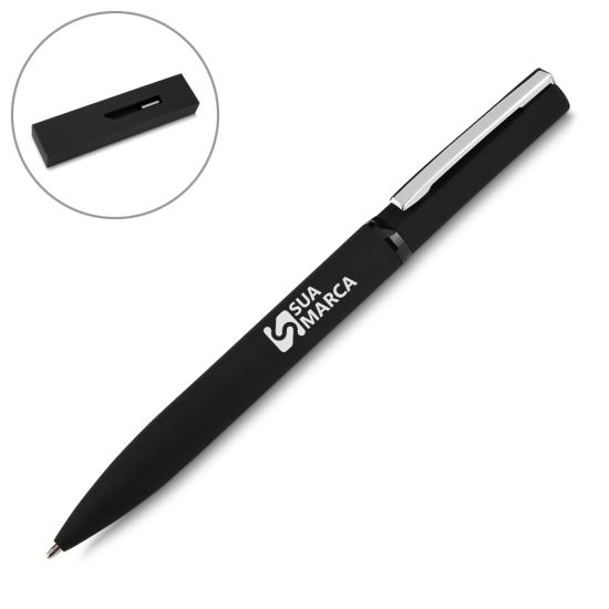 Caneta esferográfica de metal, com escrita azul + estojo de papelão