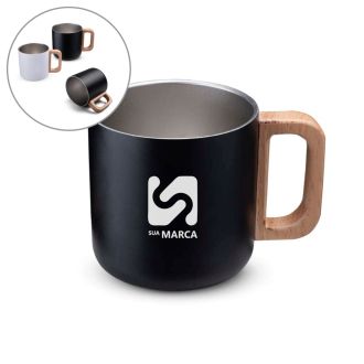 Caneca Térmica com Alça em Madeira