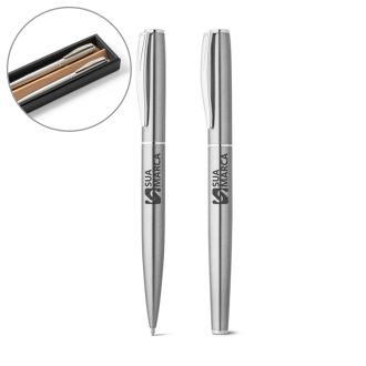 ELLA. Conjunto de roller e esferográfica com corpo em aço inox 53% reciclado com escrita em preto