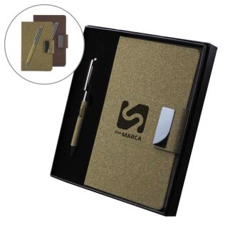 Kit Escritório em PU e Fibra de Café ou Chá e Caneta Metálica